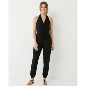 Charlotte Russe Black Halter Jumpsuit Romper Size L Surplice Neck Harem Pant